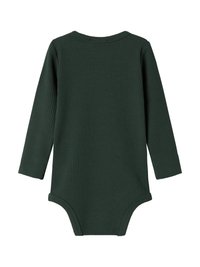 Dlhý rukáv detská body suit v tmavozelenej rebrovanej látke, s okrúhlym výstrihom a patentkami na spodnej strane pre jednoduché obliekanie.