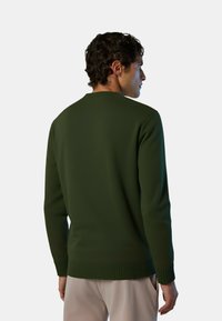 Maglione verde con collo a coste e polsini, caratterizzato da una texture liscia e una vestibilità casual, progettato per comfort e versatilità.
