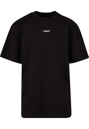 Black cotton t-shirt with a round neck, short sleeves, and a white "ROCAWEAR" logo centered on the chest.