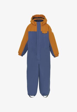 Bodysuit imperméable coloré avec un haut orange et un bas bleu, doté d'une capuche, de poignets élastiques et d'une fermeture éclair à l'avant.
