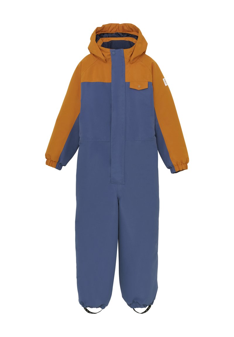 Färgglad vattentät kroppsoverall med en orange topp och blå botten, utrustad med huva, elastiska ärmslut och en framficka med blixtlås.