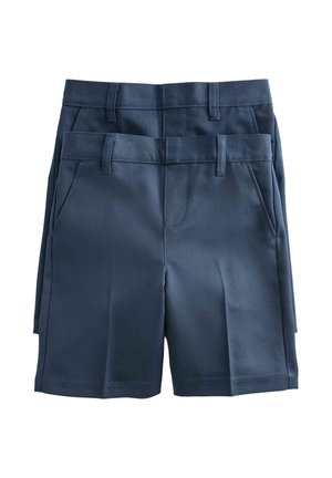 Zwei Paare marineblaue knielange Shorts mit Gürtelschlaufen und Fronttaschen, hintereinander auf einem weißen Hintergrund gestapelt.