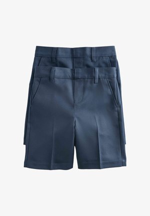 Dos pares de pantalones cortos azul marino hasta la rodilla con trabillas para cinturón y bolsillos delanteros, apilados uno detrás del otro sobre un fondo blanco.