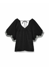 Blusa nera con scollo a V e chiusura a fiocco sul retro. Presenta maniche ampie con bordi scallop e dettagli ricamati bianchi.