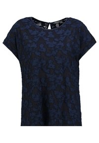 Granatowa bluzka na krótki rękaw z fakturowanym kwiatowym wzorem, okrągłym dekoltem i szczegółem w kształcie dziurki z tyłu. Lekka, oddychająca tkanina.