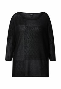Schwarzes Netzoberteil mit lockerer Passform, weitem Ausschnitt und Dreiviertelärmeln. Das Material weist unterschiedliche Texturen und Muster auf.