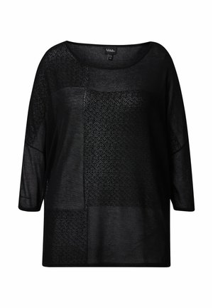 Top in rete nero con una vestibilità ampia, scollatura larga e maniche a tre quarti. Presenta diverse trame e motivi nel tessuto.