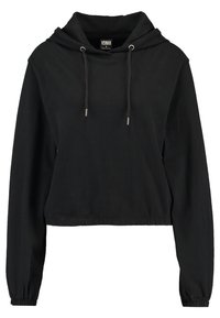 Sudadera recortada negra hecha de tela suave. Cuenta con capucha ajustable, mangas largas con puños elásticos y un dobladillo recto. Diseño simple.