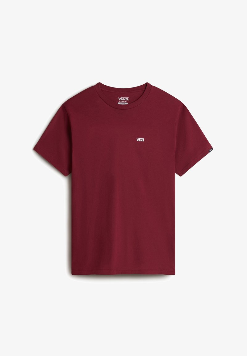 T-shirt en coton bordeaux avec un col rond, des manches courtes et un logo Vans blanc sur le haut du côté gauche de la poitrine. Texture lisse, coupe classique.