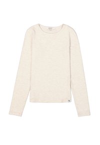 Langmouwtop van zacht, lichtbeige stof met een gestructureerde afwerking. Heeft een ronde halslijn en een klein logotag aan de onderkant links.