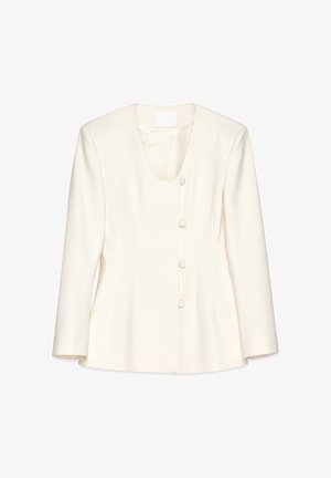 Hvid struktureret blazer med dyb V-udskæring, fem knapper foran og let udvidede ærmer for en skræddersyet silhuet.
