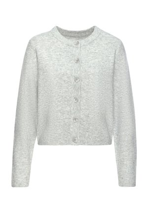 Light gray knit cardigan with long sleeves, round neckline, ribbed hem and cuffs, and six matching buttons down the front.