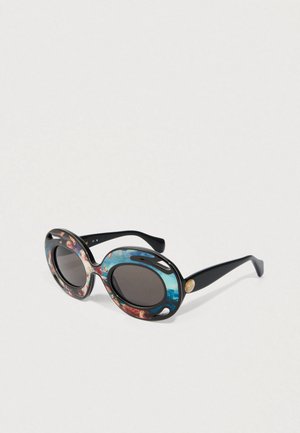 Oval black sunglasses with colorful artistic patterns on the frames and small gold emblem on the temple.