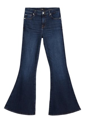 Donkerblauwe jeans met uitlopende pijpen en een hoge taille, gemaakt van denim. Voorzien van een klassiek ontwerp met vijf zakken en contrasterende stiksels.