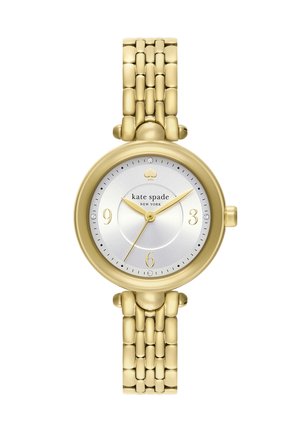 Kate Spade dameur i guldtonet med sammenkædet armbånd, rund sølvskive, gyldne visere og minimalistiske timemarkeringer ved 3, 6, 9 og 12.