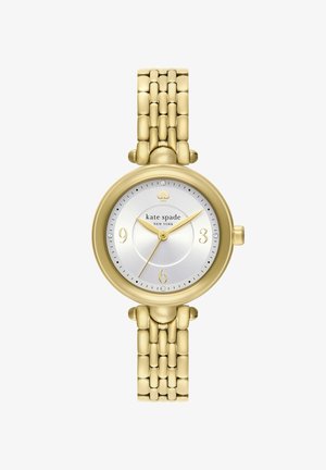 Orologio da polso da donna Kate Spade in tonalità oro con bracciale a maglie, quadrante tondo argentato, lancette dorate e indicatori delle ore minimalisti a 3, 6, 9 e 12.
