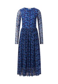 Vestido de manga larga en tejido azul con patrones florales. El cuerpo es entallado, pasando a una falda fluida, con una superposición transparente.