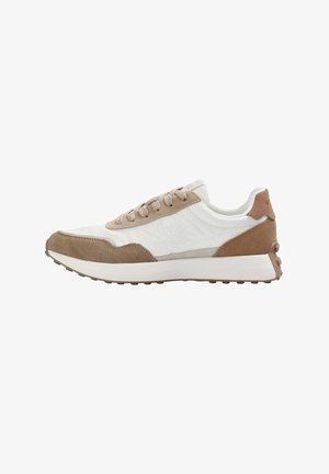 Sneaker with a white nylon upper and tan suede accents. Features a rubber sole and textured panel detailing. Laces in matching tan.