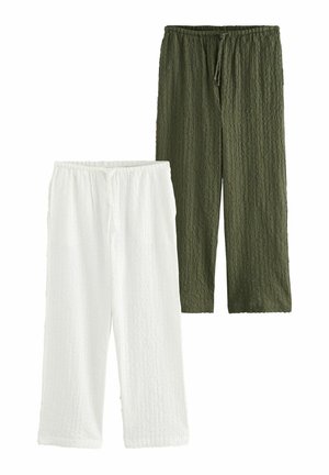 Două perechi de pantalon cropped, una albă și una verde măsliniu, cu un material texturat și talie elastică cu șnururi.