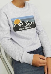Šedá mikina s grafickým motivem hor, slunce a textem "JACK & JONES WORLD EXPLORER". Ribované manžety a měkká tkanina.