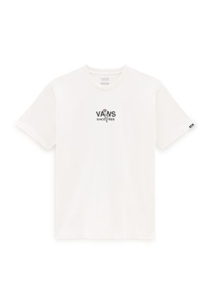 Camiseta de algodón blanca con mangas cortas, que presenta un logotipo gráfico negro "VANS SINCE 1966" en el pecho y una pequeña etiqueta de la marca en el lado.