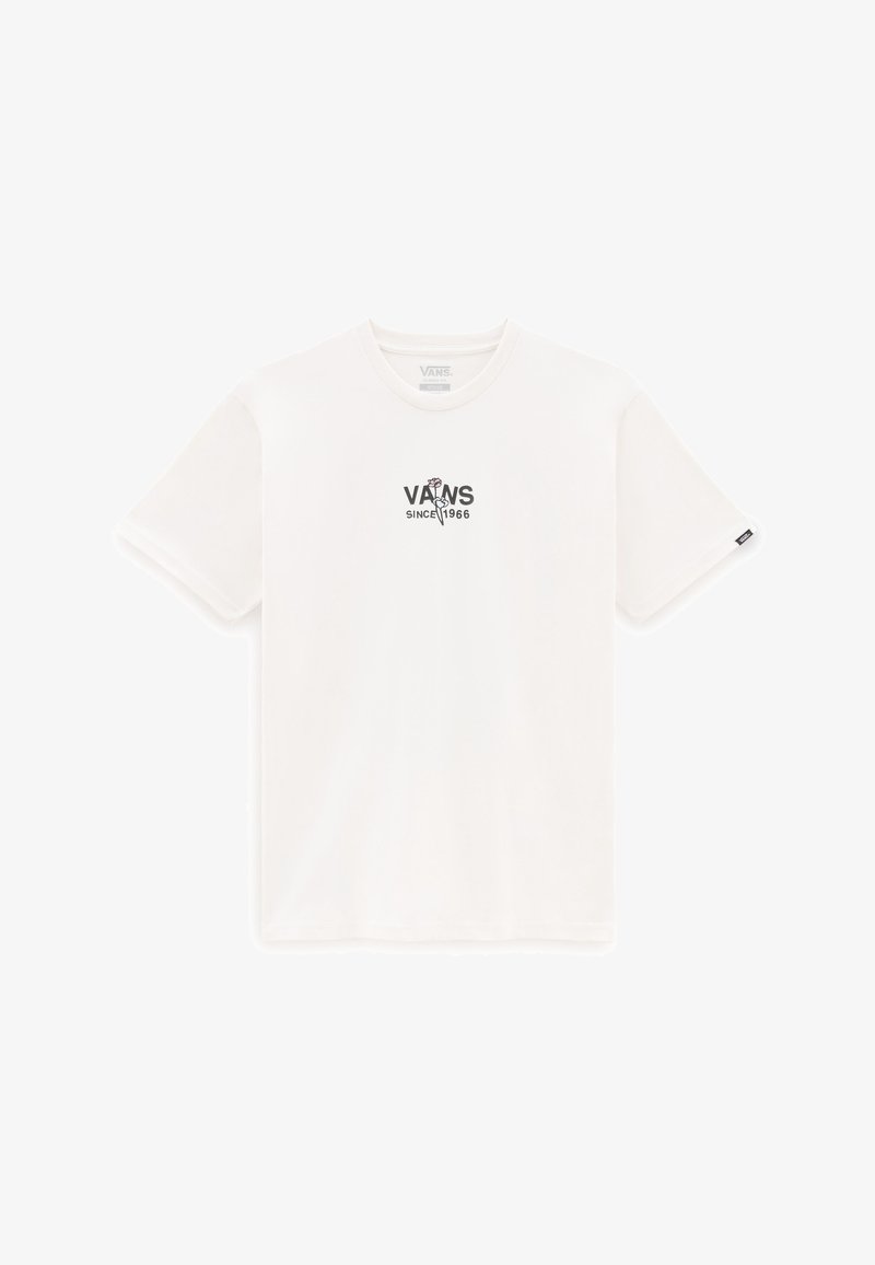 T-shirt en coton blanc à manches courtes, présentant un logo graphique noir "VANS SINCE 1966" sur la poitrine et une petite étiquette de marque sur le côté.