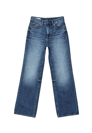 Niebieskie dżinsy z wysokim stanem, z przodu zapinane na guziki i suwak, z kieszeniami z przodu i z tyłu oraz lekko spranym wykończeniem.