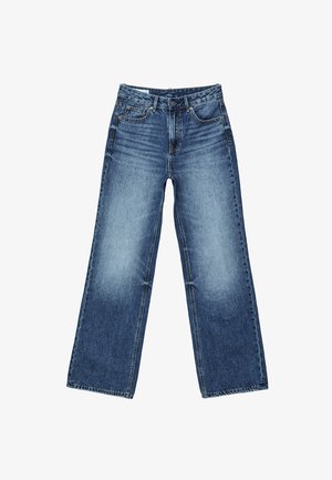 Blauwe denimjeans met een hoge taille, knopen aan de voorkant en rits, voor- en achterzakken, en een licht verweerde wassing.
