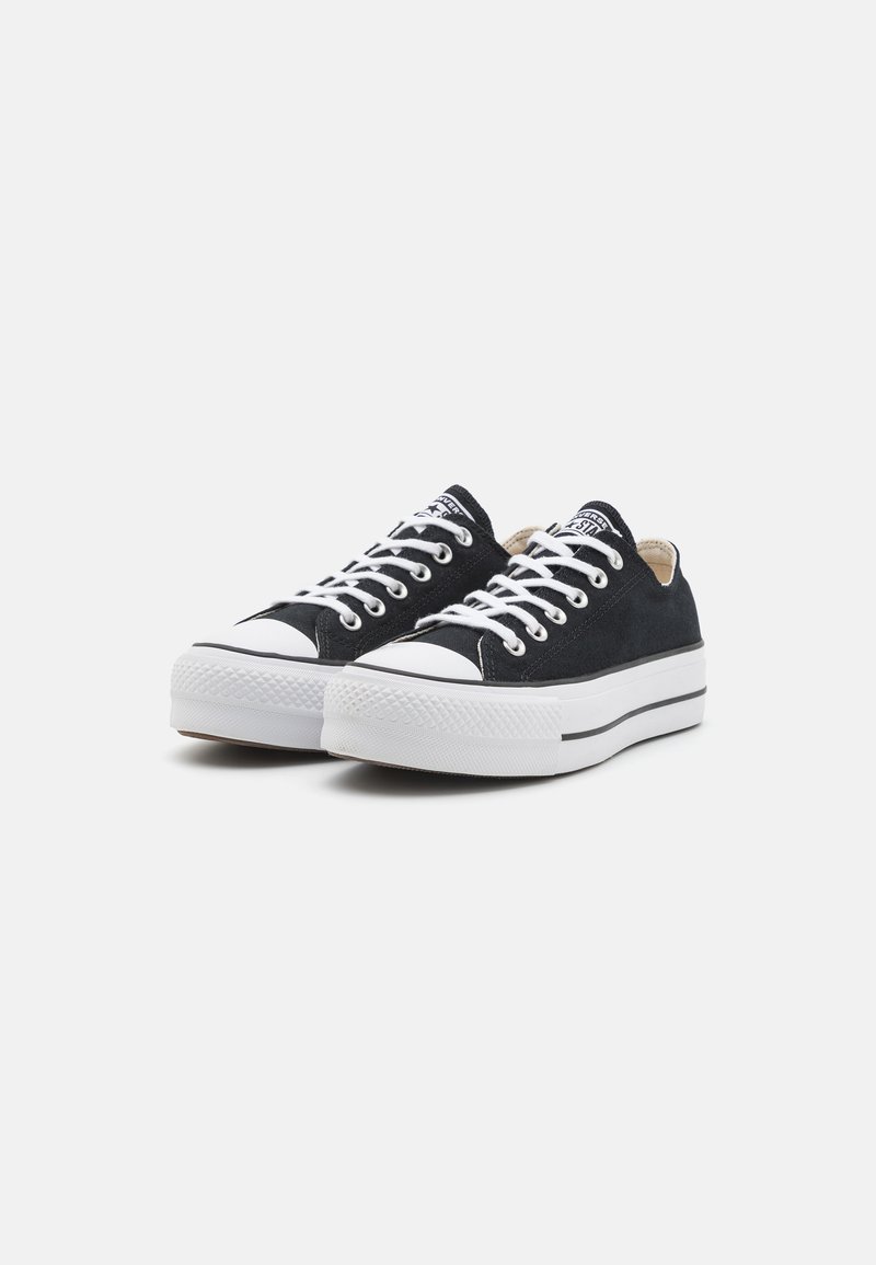 Coppia di sneakers basse in tela nera con lacci bianchi e suole spesse in gomma bianca su sfondo chiaro.