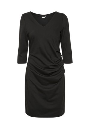 Black fitted dress with three-quarter sleeves, V-neckline, and side ruching detail for texture. Made of smooth, stretchy fabric.