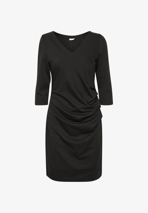 Black fitted dress with three-quarter sleeves, V-neckline, and side ruching detail for texture. Made of smooth, stretchy fabric.