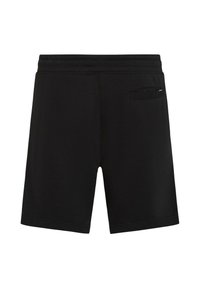Black athletic shorts made of soft fabric, featuring a waistband, straight hem, and a small back pocket with a horizontal opening.