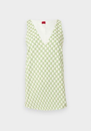 Rochie fără mâneci cu decolteu în V adânc, cu model vânătoare de câini verde și alb, expusă pe un fundal simplu.