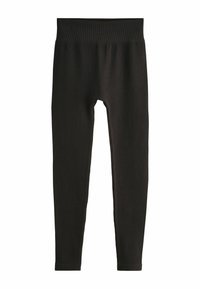 Leggings noires à côtes avec une large taille. Fabriqués en tissu extensible, ils présentent un design ajusté et une texture verticale subtile sur l'ensemble.