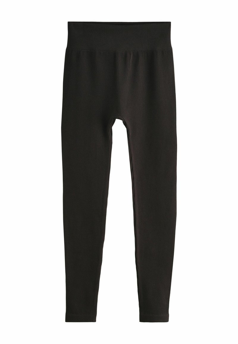 Leggings noires à côtes avec une large taille. Fabriqués en tissu extensible, ils présentent un design ajusté et une texture verticale subtile sur l'ensemble.