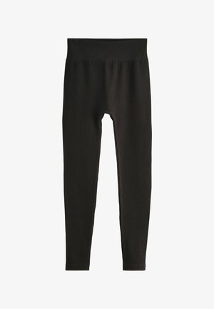 Schwarze Rippleggings mit einem breiten Bund. Hergestellt aus dehnbarem Stoff, mit einer figurbetonten Passform und subtiler vertikaler Textur über die gesamte Oberfläche.