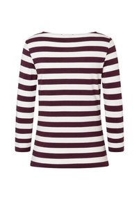 Langärmliges Oberteil mit weitem Ausschnitt, versehen mit wechselnden maroon- und weißen Querstreifen. Weicher Baumwollstoff, lockere Passform.