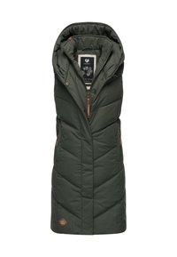 Grüne gesteppte Steppweste mit Kapuze, einer gequilteten Textur, einem Frontreißverschluss und seitlichen Taschen mit braunen Akzenten und Logodetails.