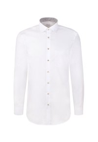 Camicetta bianca a maniche lunghe con colletto button-down, dotata di taschino, bottoni in ottone e fodera interna del collo a fantasia. Tessuto di superficie liscia.