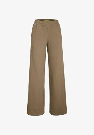 Pantaloni a gamba larga in un colore taupe uniforme, realizzati in tessuto morbido con vita elastica e tasche laterali.