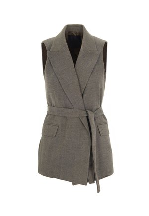 Gilet senza maniche grigio a spina di pesce con design avvolgente, ampi rever, due tasche frontali e una cintura coordinata. Tessuto testurizzato.