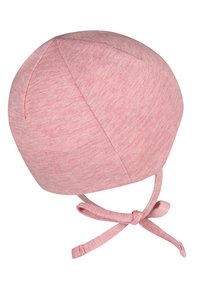 Light pink cotton beanie with rounded shape, thin fabric texture, and secure ties for adjustment at the chin. Seam detail visible.