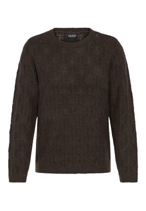 Smeđa pletena zimska košulja s okruglim izrezom, dugim rukavima i teksturiranim uzorkom. Ima rebraste manžete i donji rub za dodatne detalje.