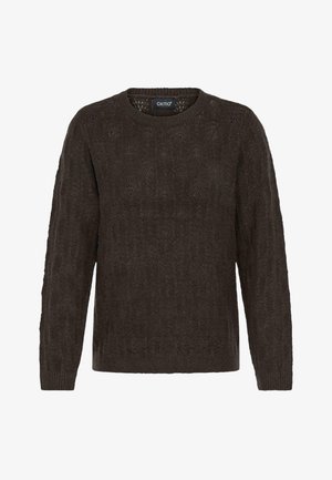 Suéter de punto marrón con cuello redondo, mangas largas y un patrón texturizado. Presenta puños y dobladillo acanalados para un detalle adicional.