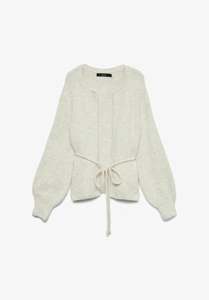 Cardigan lavorato a maglia grigio chiaro con cintura, maniche a palloncino e scollatura rotonda. Tessuto morbido con un delicato motivo mélange.