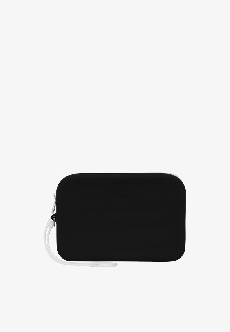 Black rectangular pouch made of soft material, featuring a white wrist strap and subtle branding. Smooth texture with rounded edges.
