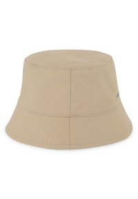 Chapeau seau beige en tissu durable, doté d'une large visière inclinée vers le bas et d'accents cousus. Design simple sans motifs.