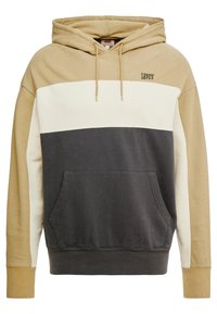 Sudadera con capucha con diseño de bloques de color beige, blanco y gris oscuro. Fabricada con mezcla de algodón, cuenta con un bolsillo frontal y cordón ajustable.