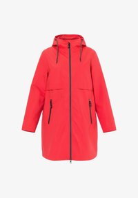 Chaqueta impermeable roja con capucha, dos bolsillos delanteros con solapa, bolsillos laterales con cremallera y cremalleras contrastantes en color oscuro. Tela lisa y ligera.