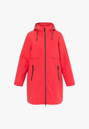 Czerwona wodoodporna kurtka z kapturem, dwoma przednimi kieszeniami z patkami, bocznymi kieszeniami na suwak oraz kontrastującymi ciemnymi zamkami. Gładki, lekki materiał.